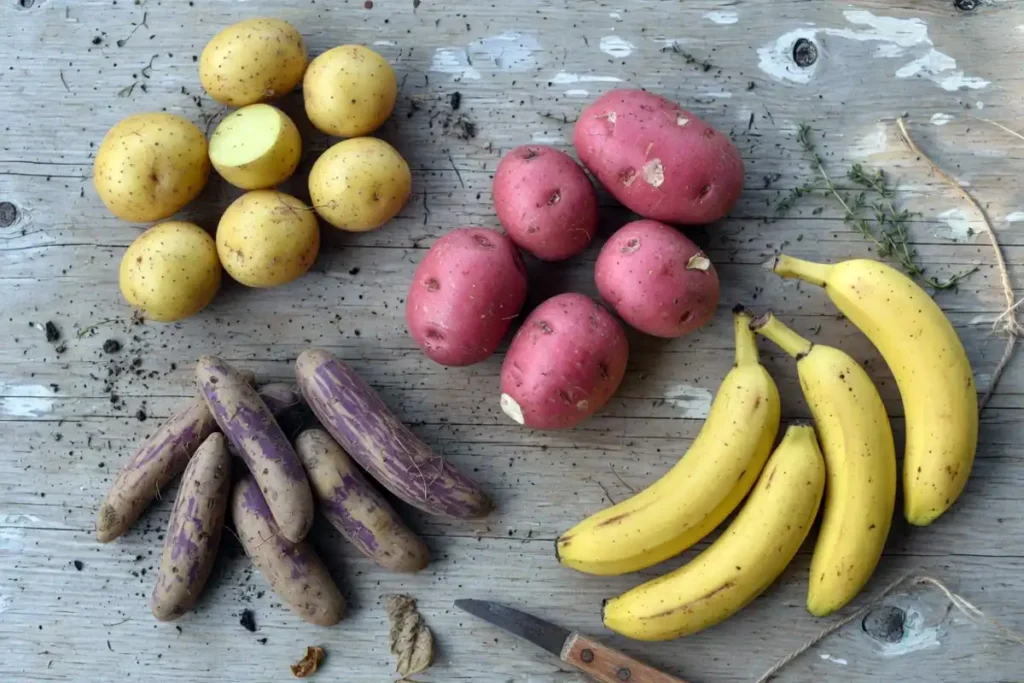 Different small potato varieties including Yukon Gold and fingerlings