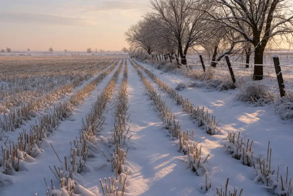 Snow covering a winter wheat field with standing stubble for insulation during winter
