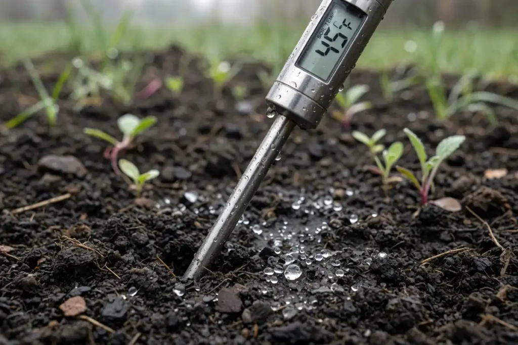 Soil thermometer checking temperature before planting
