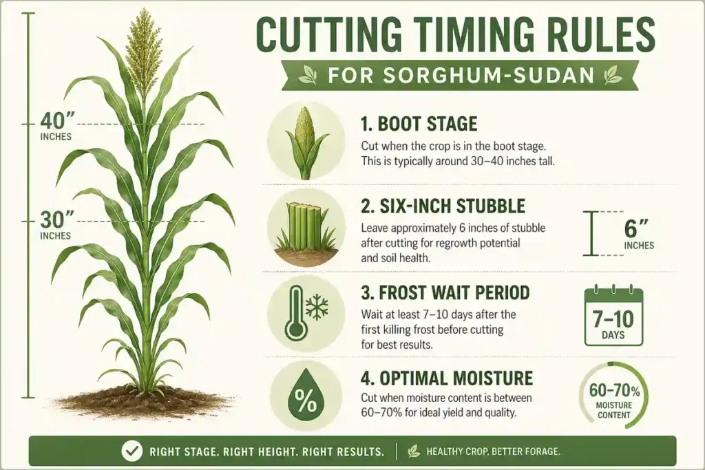 Infographic showing cutting height and timing rules for sorghum-sudan hay
