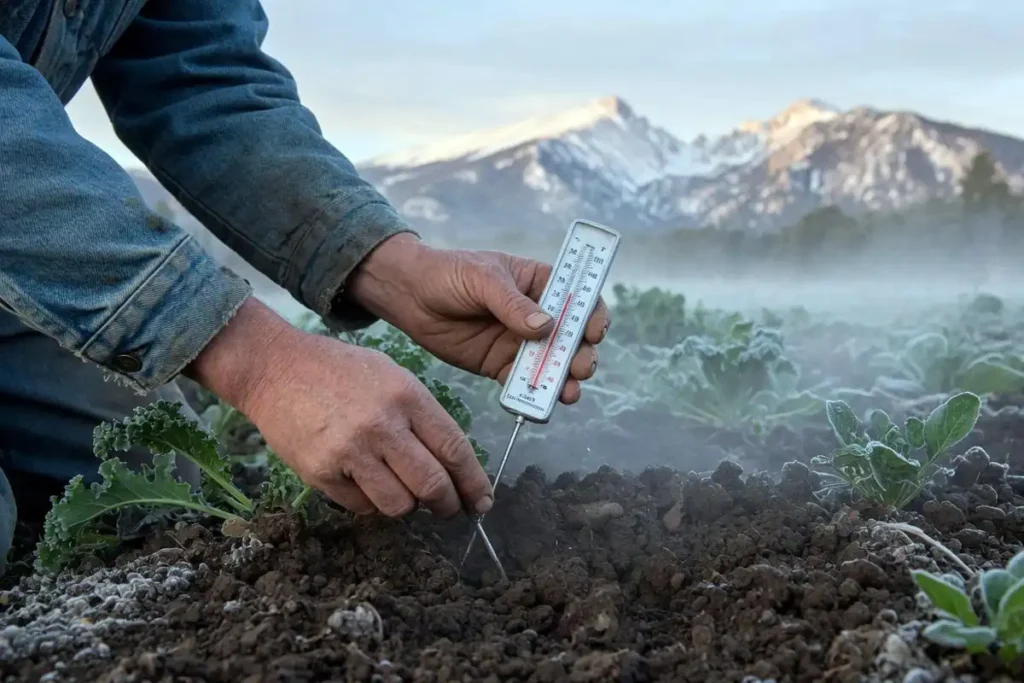 Checking soil temperature before planting potatoes in spring