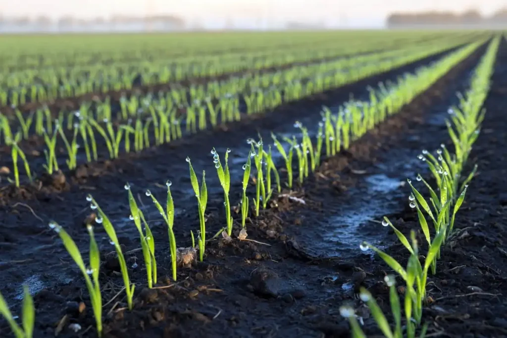 Young spring wheat seedlings emerging in rows
