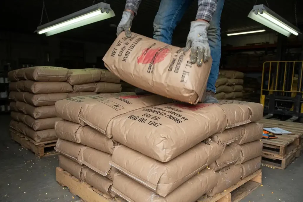 Worker stacking corn bags in a pinwheel pattern on a wooden pallet