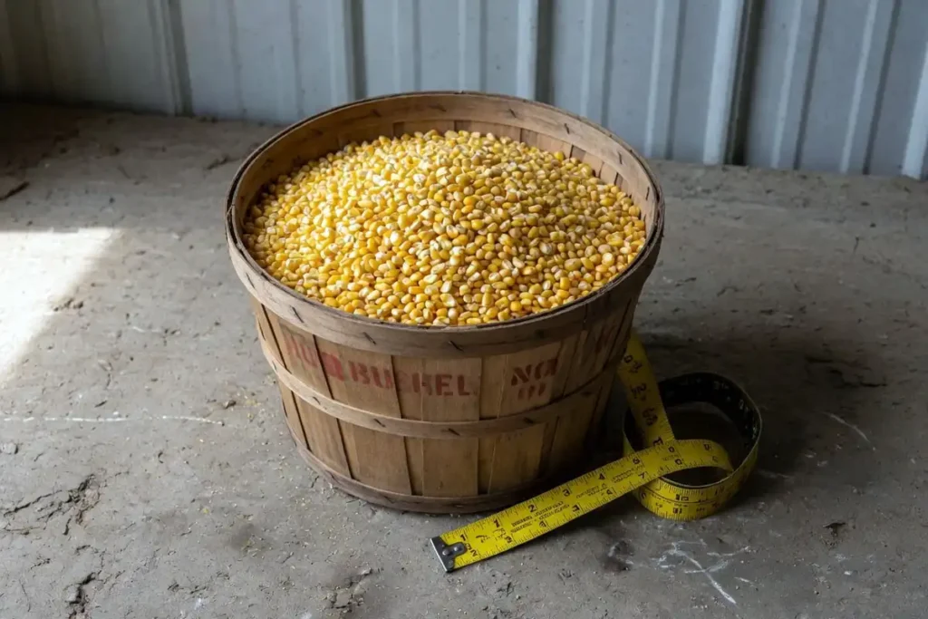 Standard wooden bushel basket filled with shelled corn