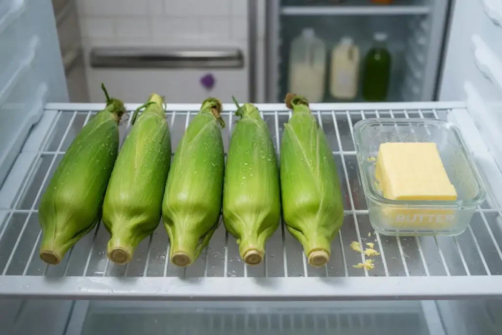 Fresh Florida sweet corn stored in refrigerator with husks on
