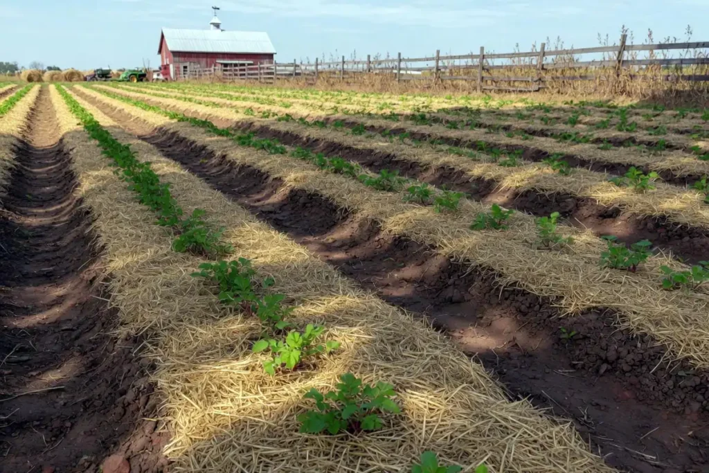 Straw mulch covering potato rows in late summer