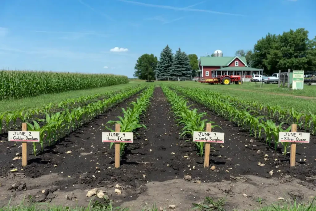 Block-planted sweet corn rows for better pollination