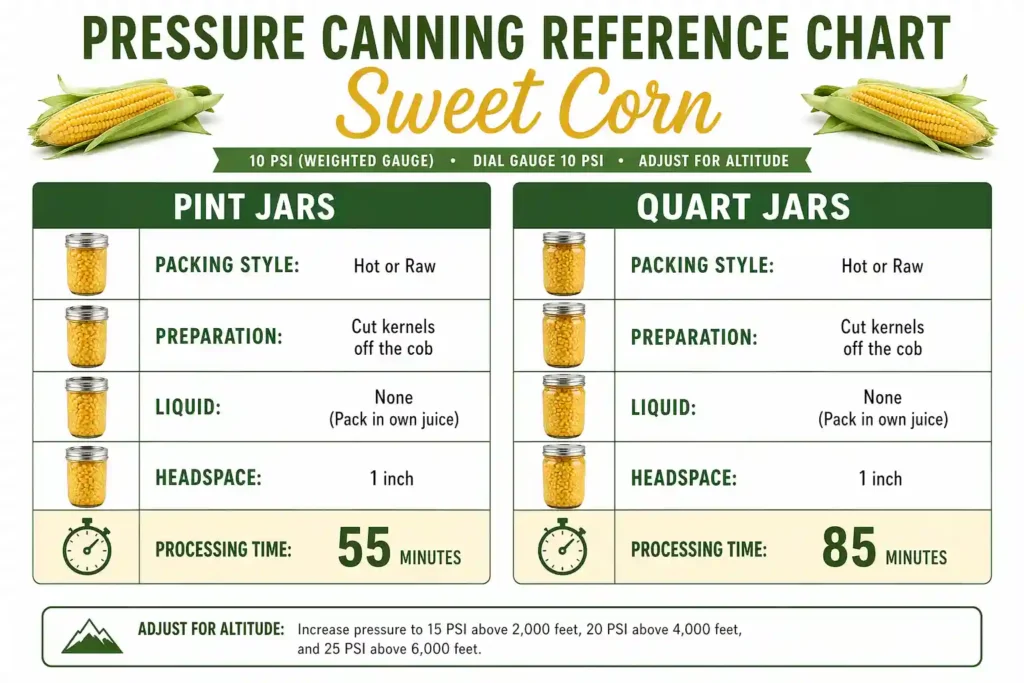 Pressure canning time and PSI chart for sweet corn pints and quarts