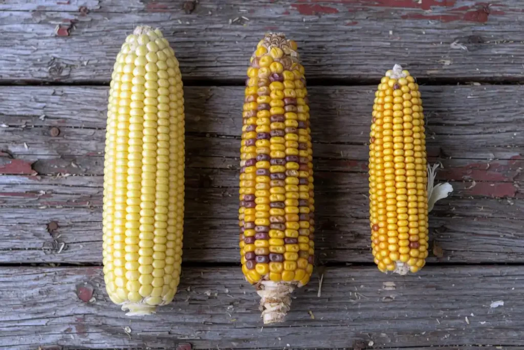 Sweet corn, field corn, and popcorn ears side by side