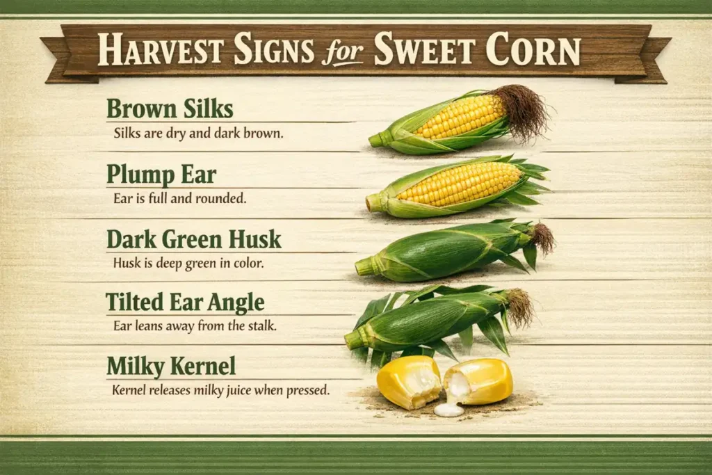 Infographic of five signs sweet corn is ready