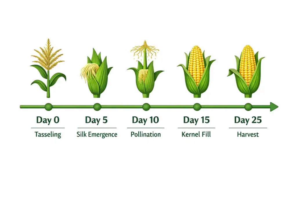 Timeline infographic showing days from tassel to sweet corn harvest