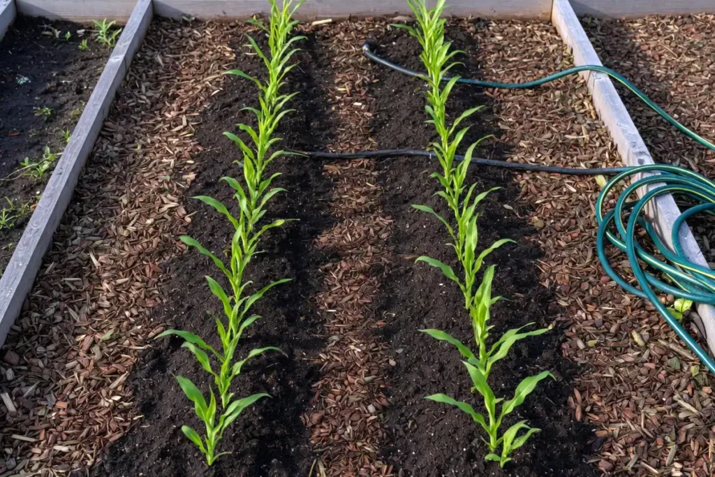 Young sweet corn seedlings spaced correctly in a backyard raised bed