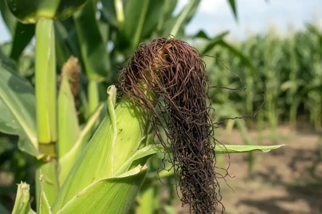 Dark brown dried silks on mature corn ear