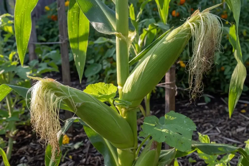 Sweet corn stalk with two ears at different heights in a home garden