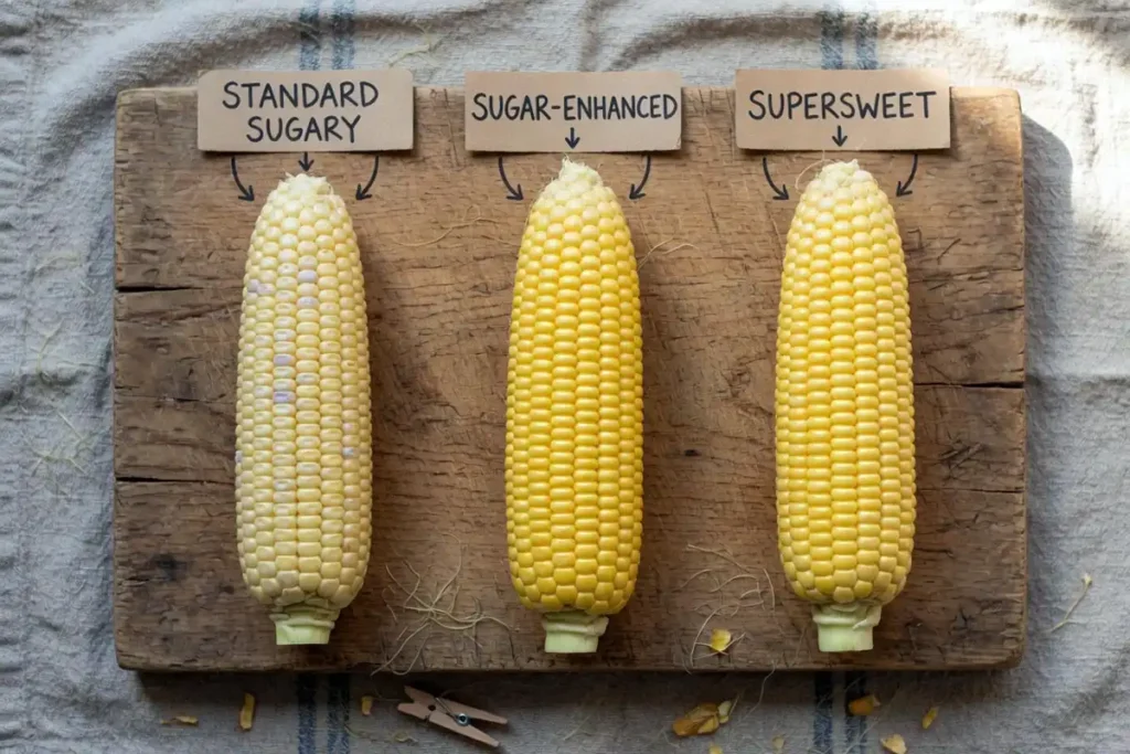 Three sweet corn types showing SU SE and SH2 ears