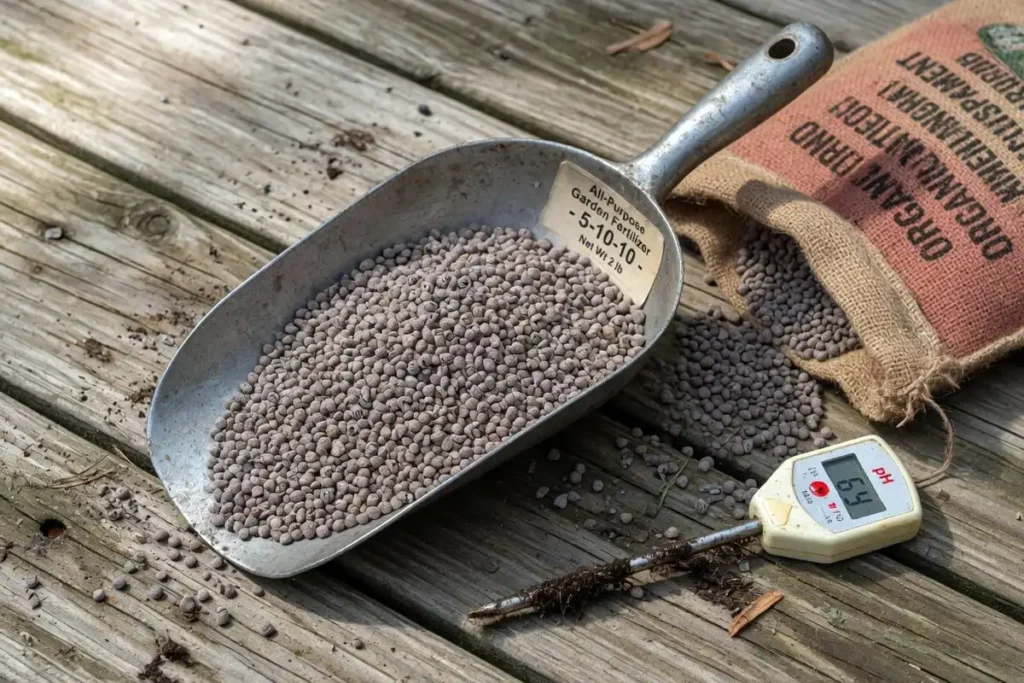 Low-nitrogen 5-10-10 fertilizer granules in a scoop