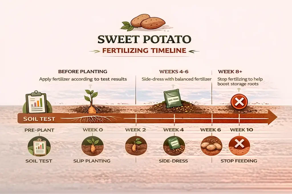 Sweet potato fertilizing schedule infographic with weekly timing