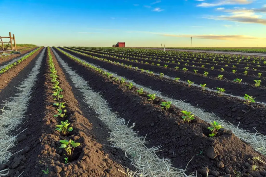 Sweet potato slips planted on raised ridged rows