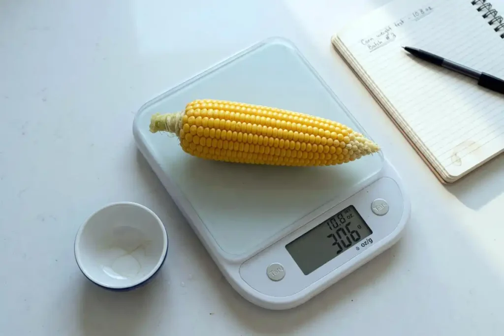 Step by step weighing a corn ear on a digital scale
