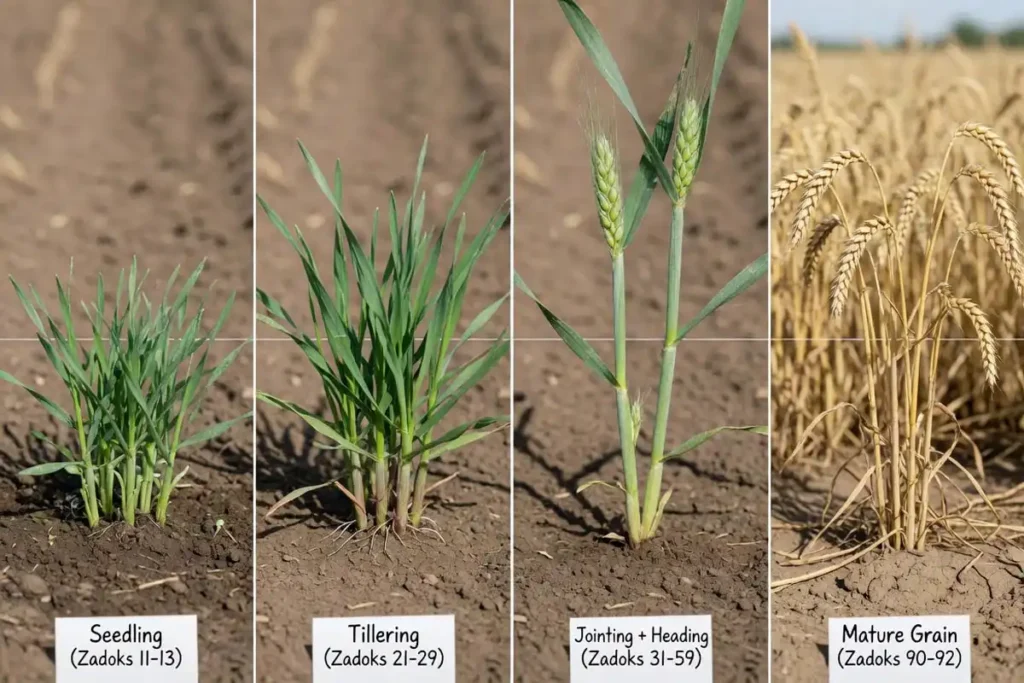 Winter wheat growth stages from seedling to harvest