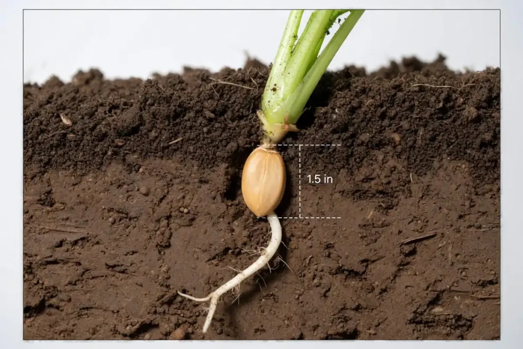 Wheat seed germinating below soil surface showing root and coleoptile growth