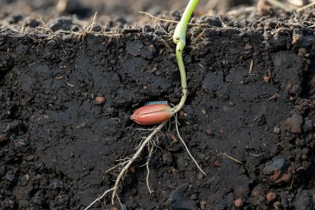 Cross section of winter wheat seed germinating at one and a half inches deep in loam soil