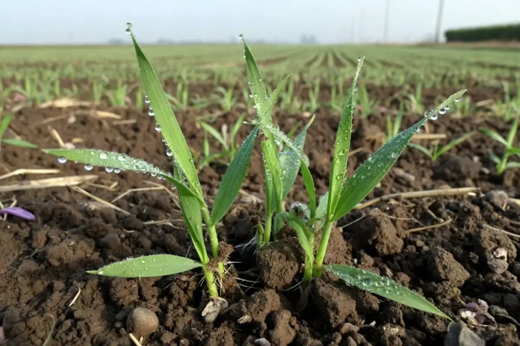 Young winter wheat seedlings at two leaf stage in fall