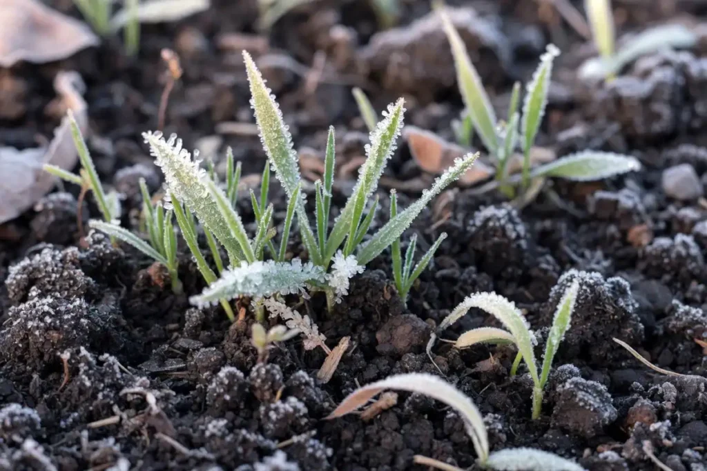 Young winter wheat seedlings covered in morning frost