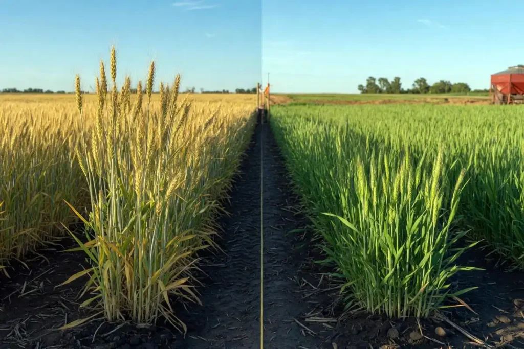 Spring wheat heading beside vegetative winter wheat