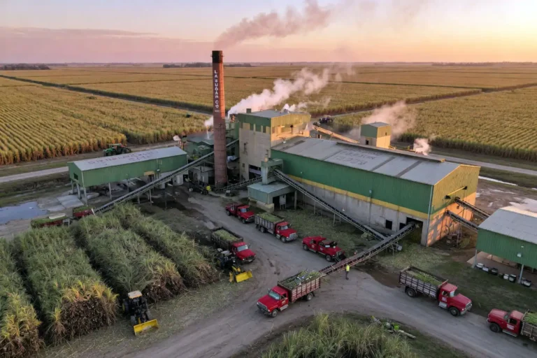 Aerial photograph of a sugarcane mill in the United States during grinding season with cane trucks and processing facility