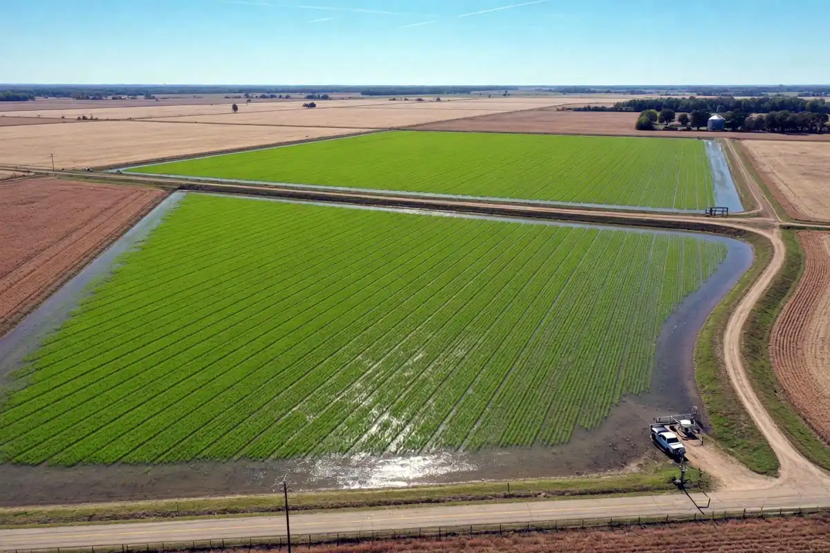 Flooded rice paddy showing how flooding controls weeds in rice farming