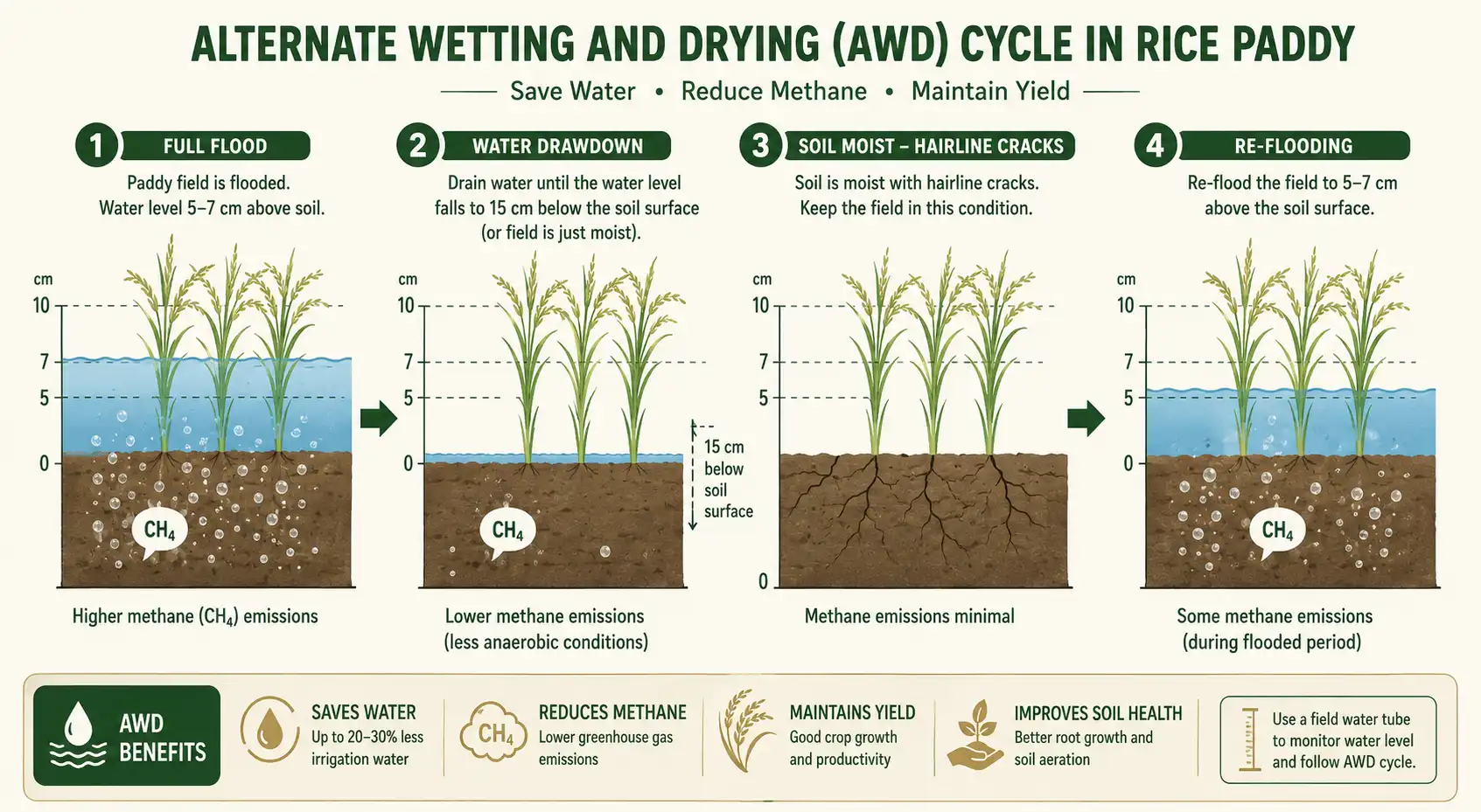  Infographic showing the alternate wetting and drying water cycle that cuts methane in regenerative rice fields