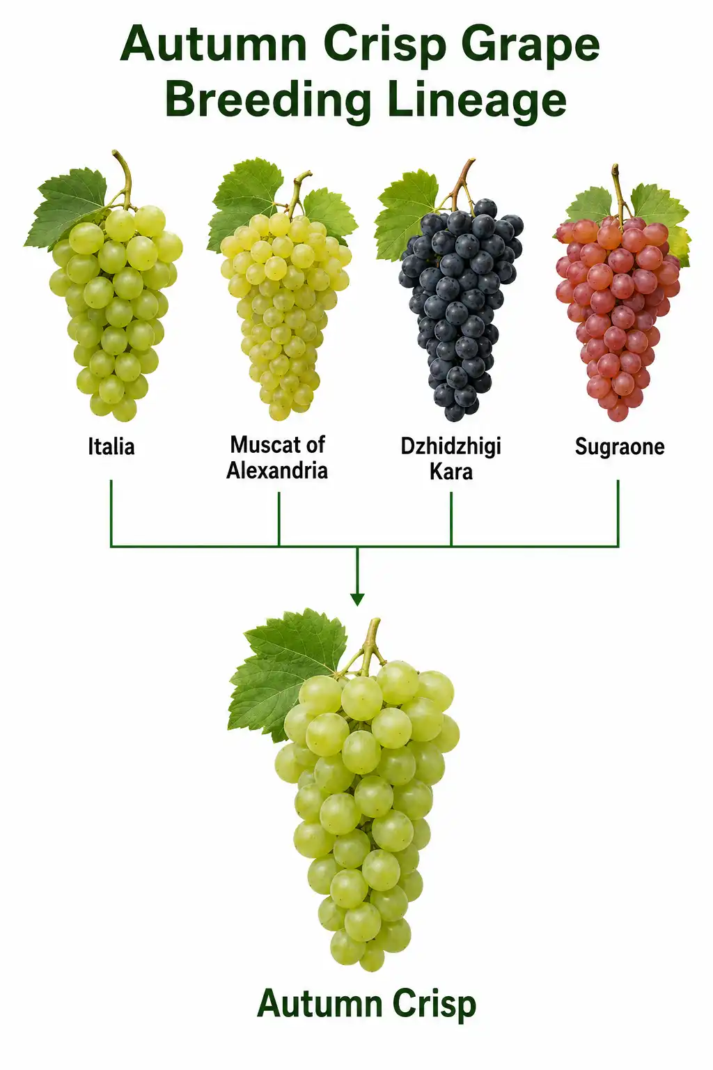 Infographic of the four parent grape varieties cross-bred to create the non-GMO Autumn Crisp grape