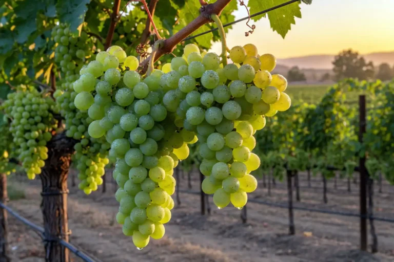 Cluster of ripe Autumn Crisp grapes hanging on the vine during California's September harvest season