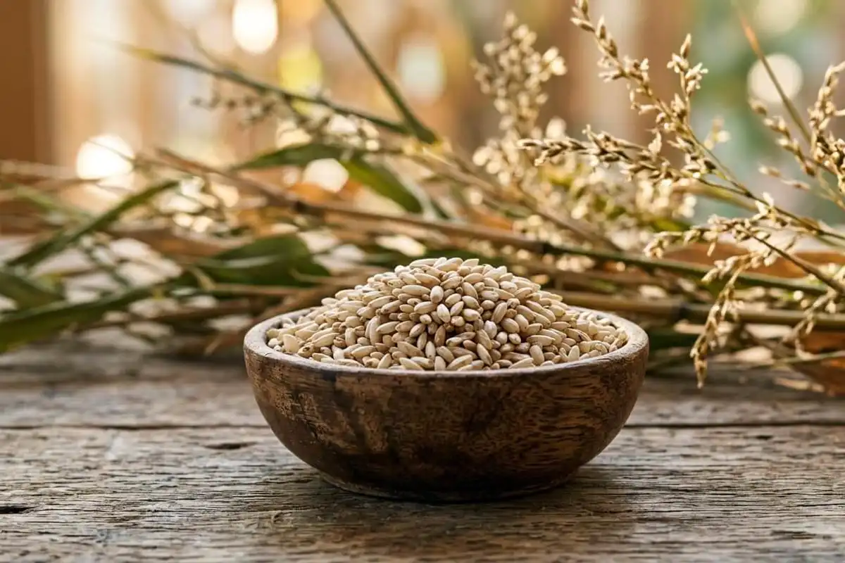 Bamboo rice grains in a wooden bowl beside flowering bamboo stalks