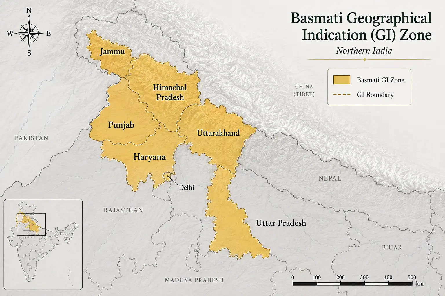Map of India's basmati GI zone where Pusa Basmati rice is grown