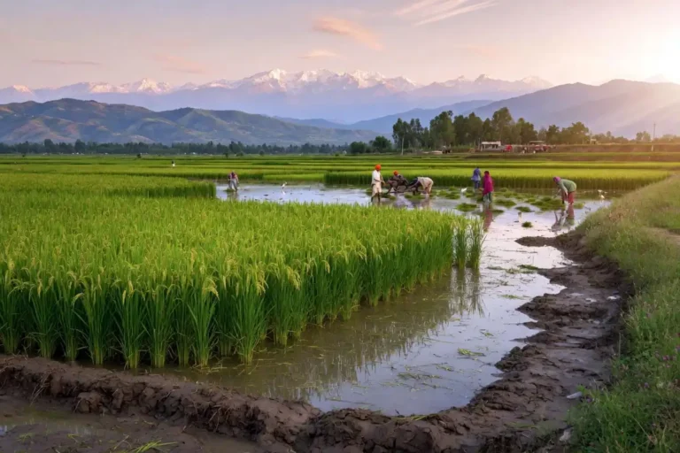Flooded basmati rice paddies in northern India showing where basmati rice is from