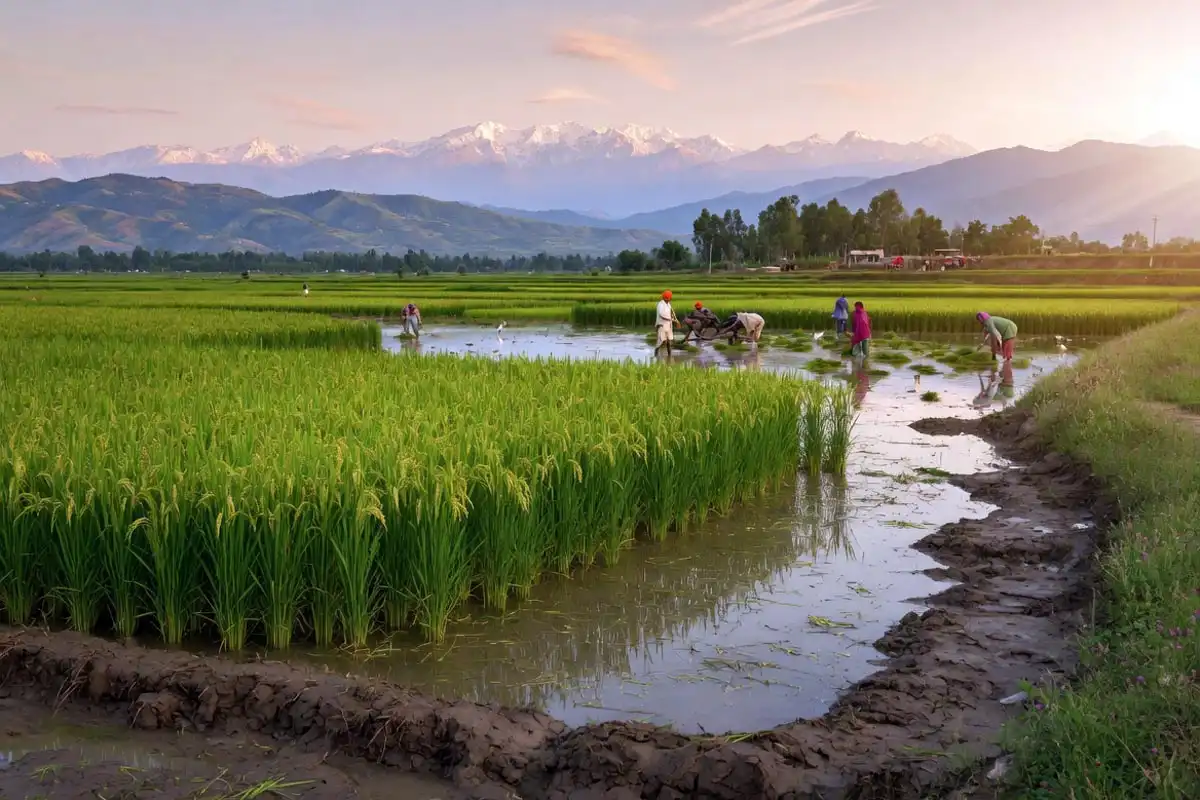 Flooded basmati rice paddies in northern India showing where basmati rice is from