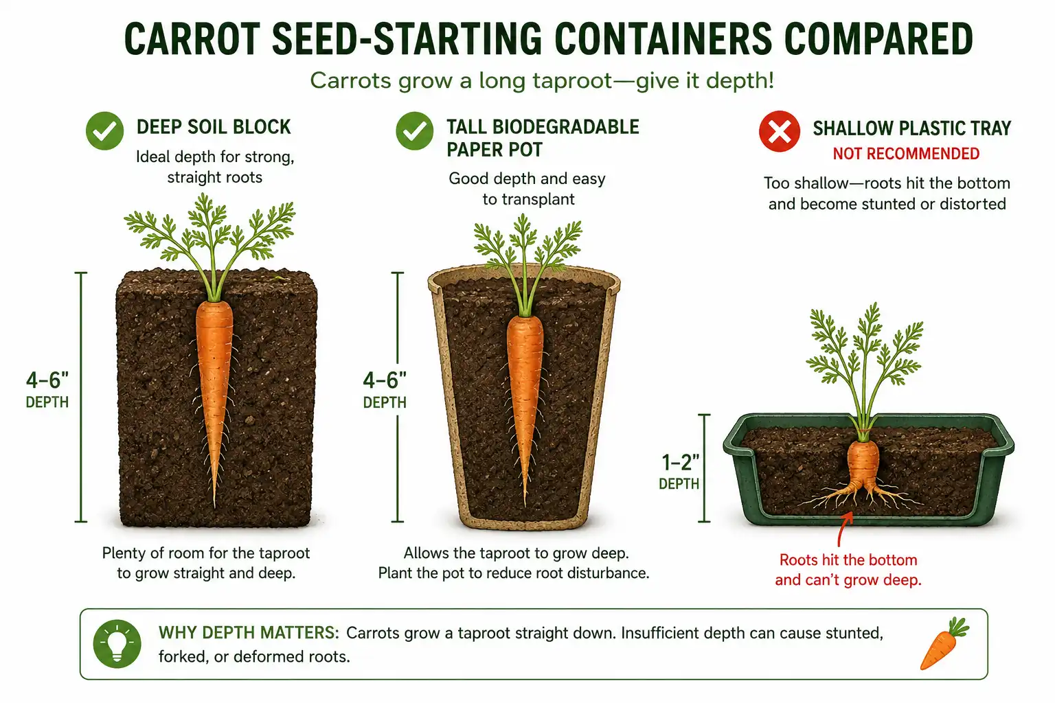 Infographic of deep biodegradable pots and soil blocks against shallow trays for starting carrots indoors