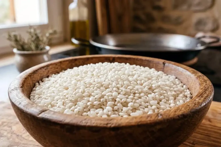 Bomba rice grains in a wooden bowl on a Mediterranean kitchen counter