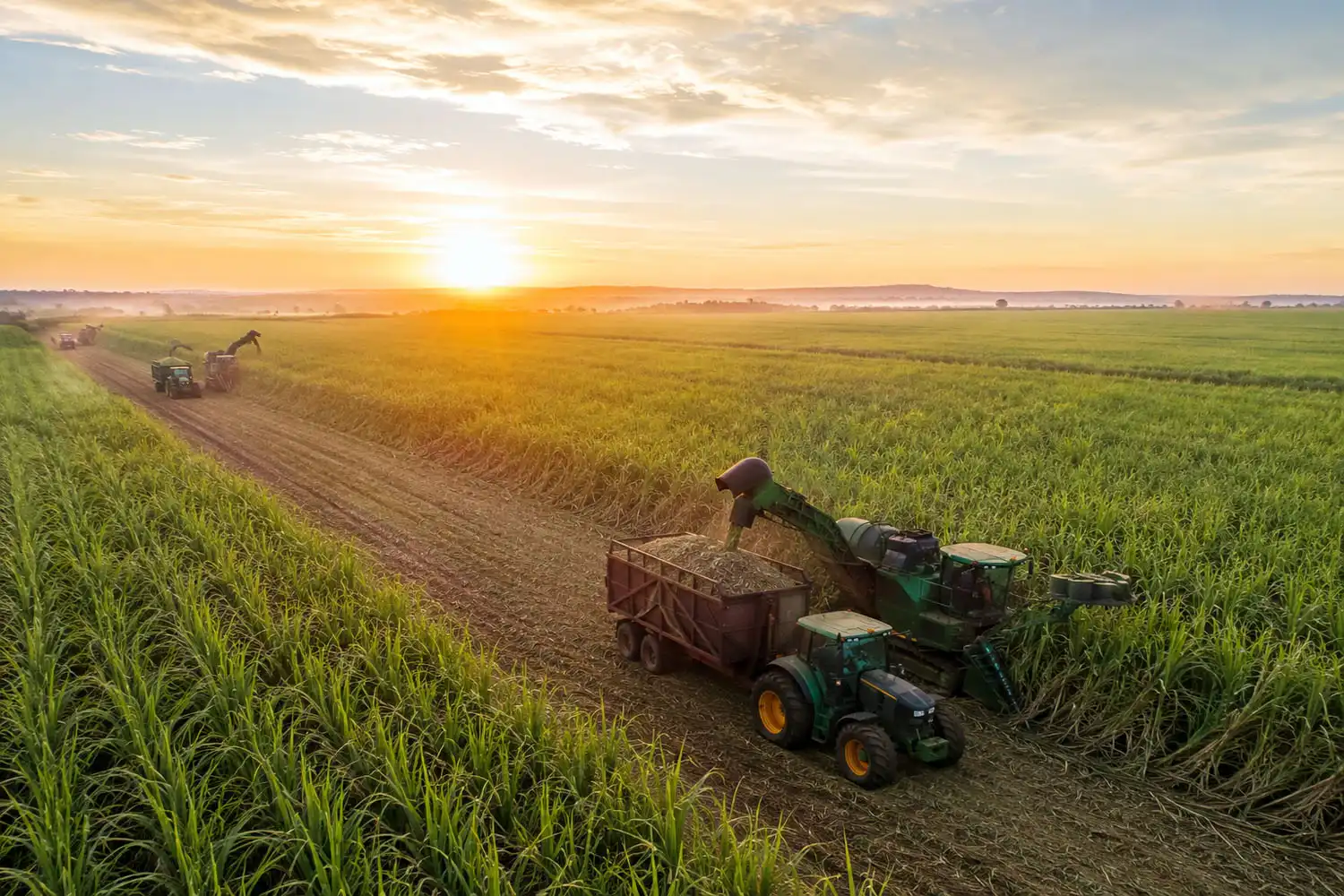 Aerial view of a Brazilian sugarcane field showing why Brazil produces the most sugarcane in the world.