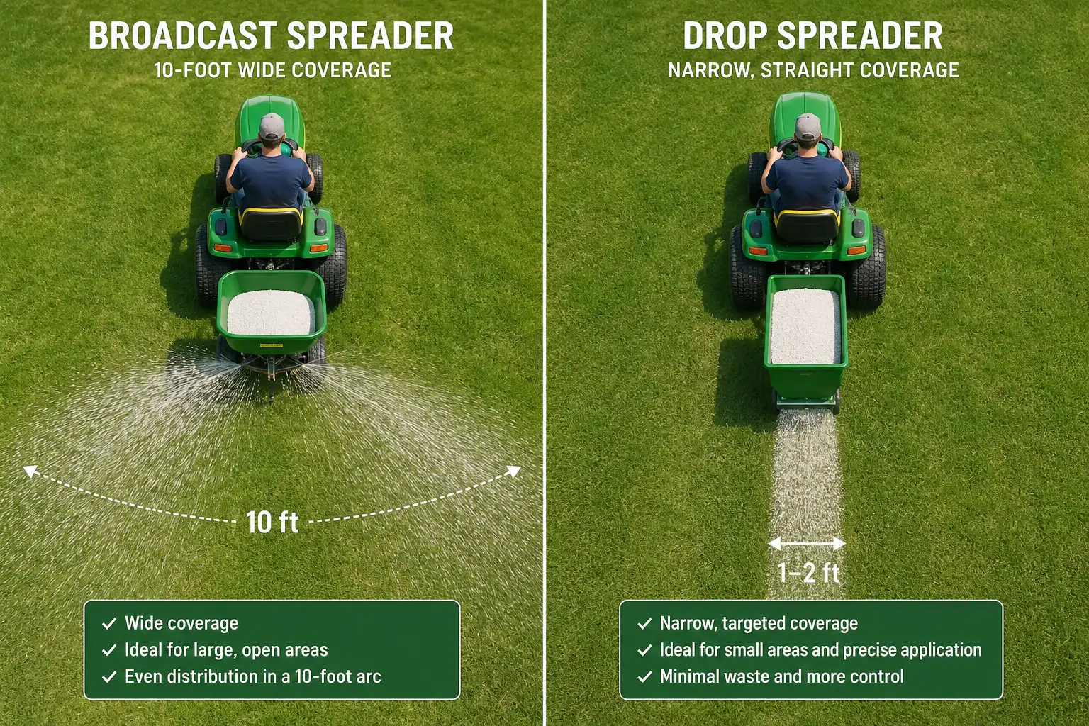 Comparison of tow behind broadcast spreader spread pattern versus drop spreader pattern
