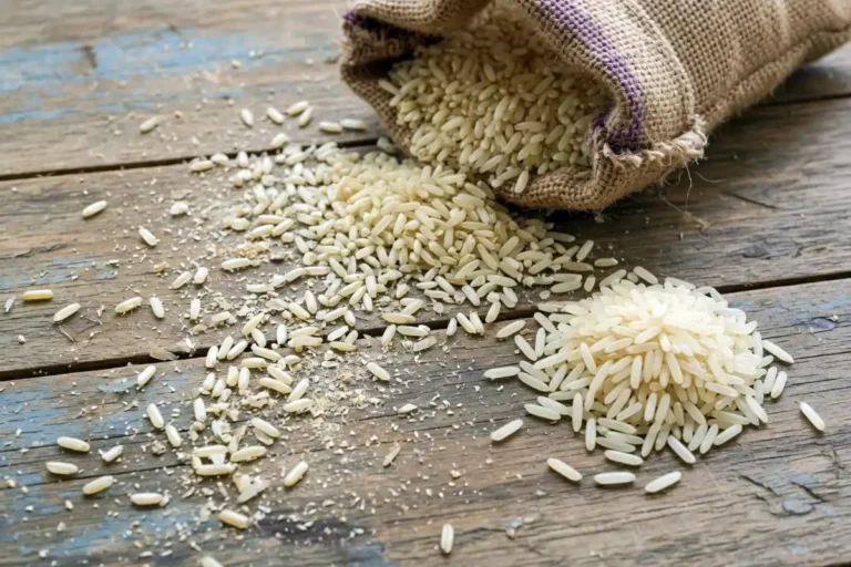 Broken rice grains spilled from a burlap sack next to whole milled rice
