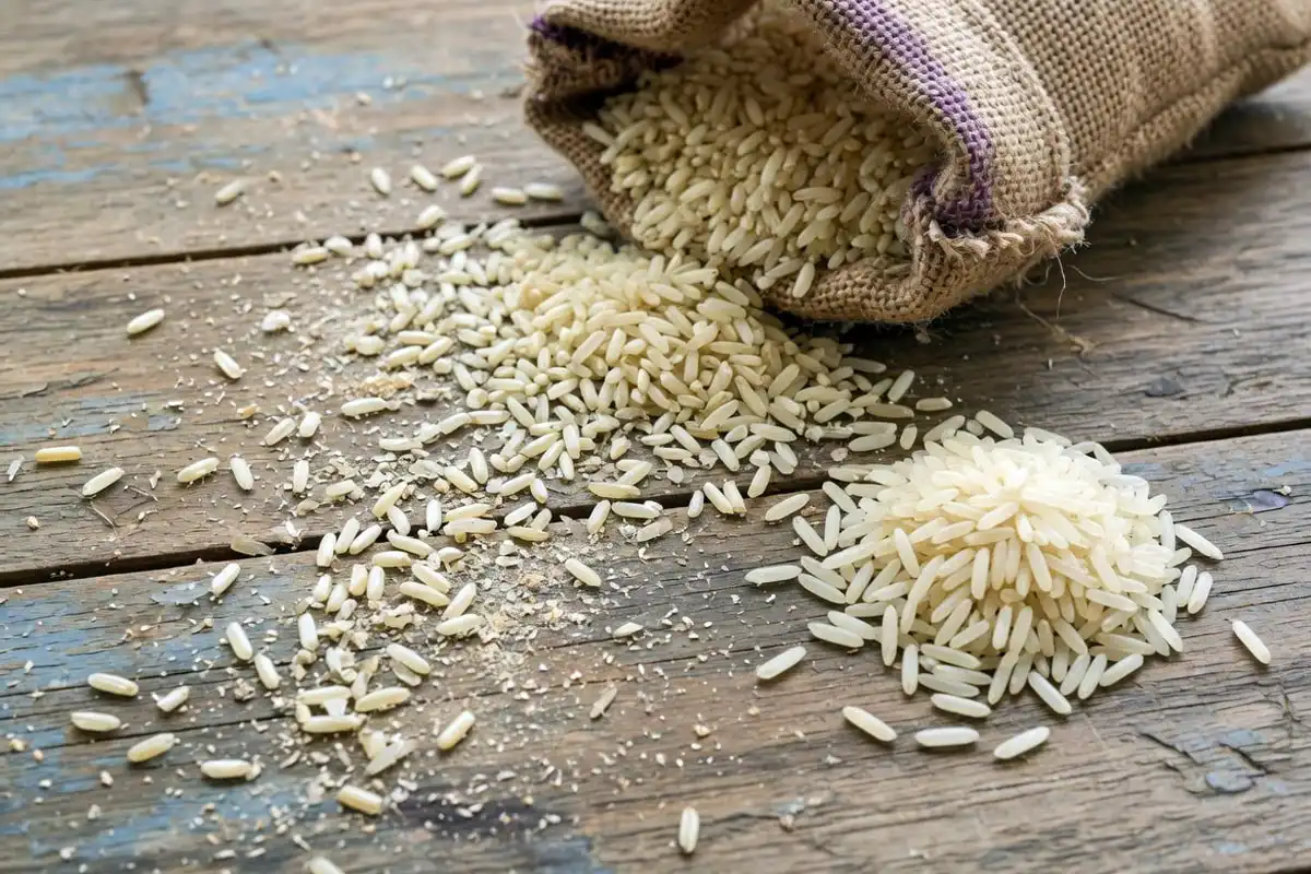 Broken rice grains spilled from a burlap sack next to whole milled rice