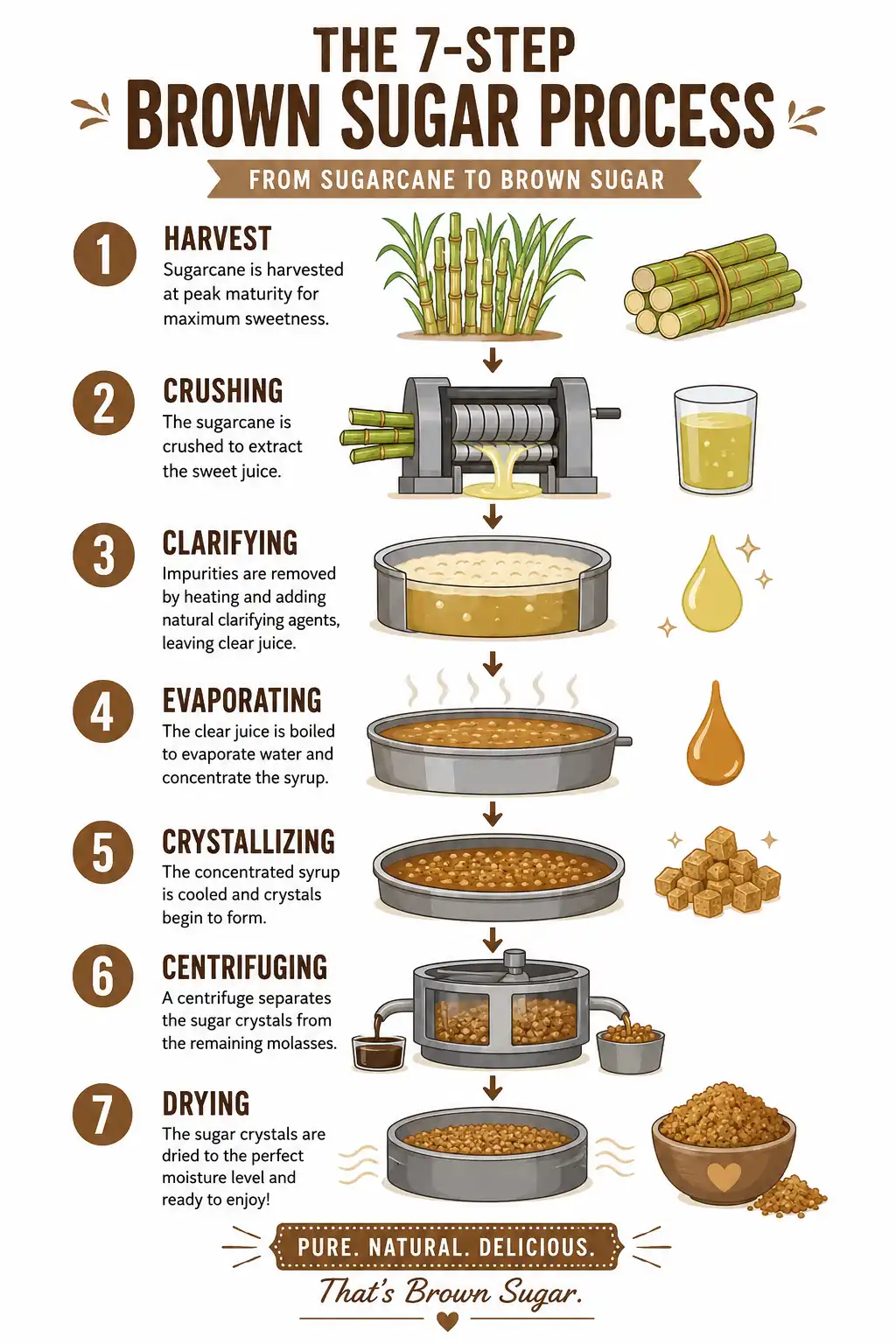 Infographic of the seven steps to make brown sugar from sugarcane including crushing, clarifying, evaporating, crystallizing, and centrifuging