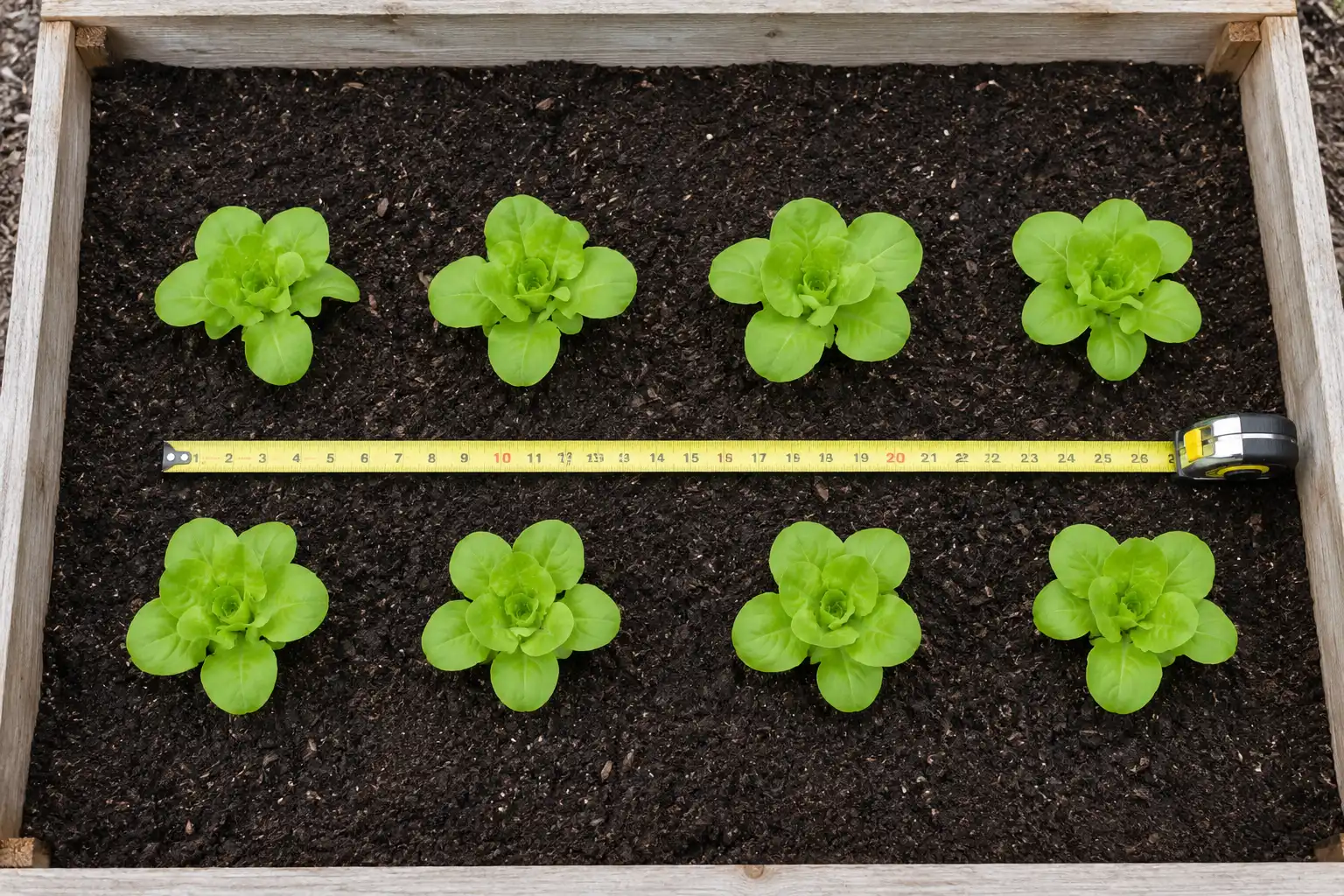 Butter lettuce seedlings planted ten inches apart in two rows inside a raised garden bed