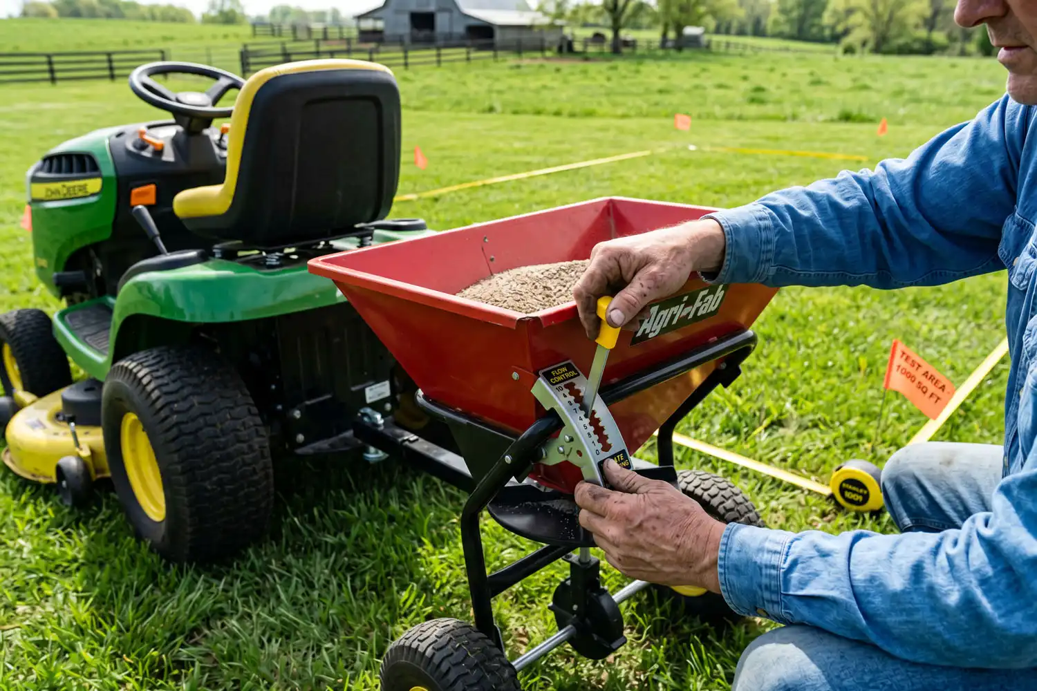 Farmer calibrating a tow behind broadcast spreader by adjusting the flow control lever