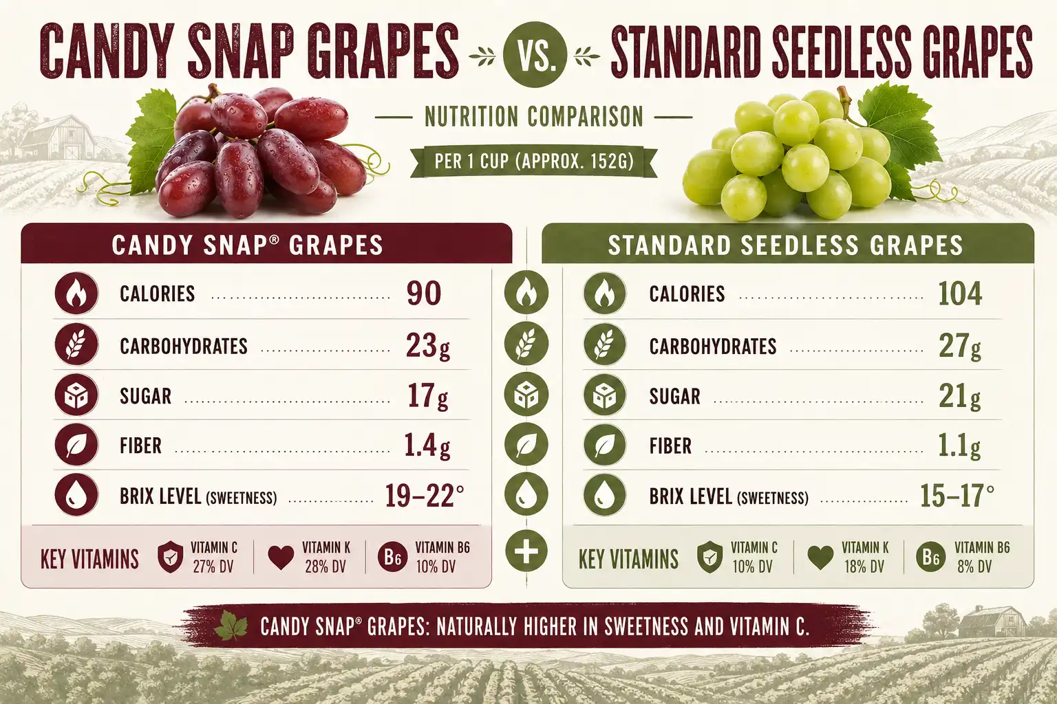 Side by side infographic comparing Candy Snap grapes nutrition with regular seedless grapes per one cup serving