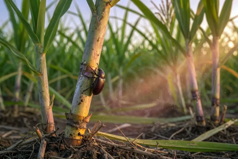 Cane beetle on a sugarcane stalk showing how sugarcane is vulnerable to the cane beetle