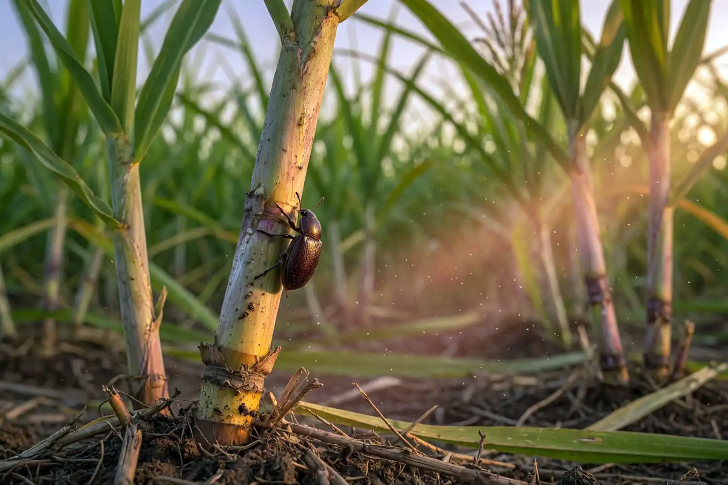 Cane beetle on a sugarcane stalk showing how sugarcane is vulnerable to the cane beetle